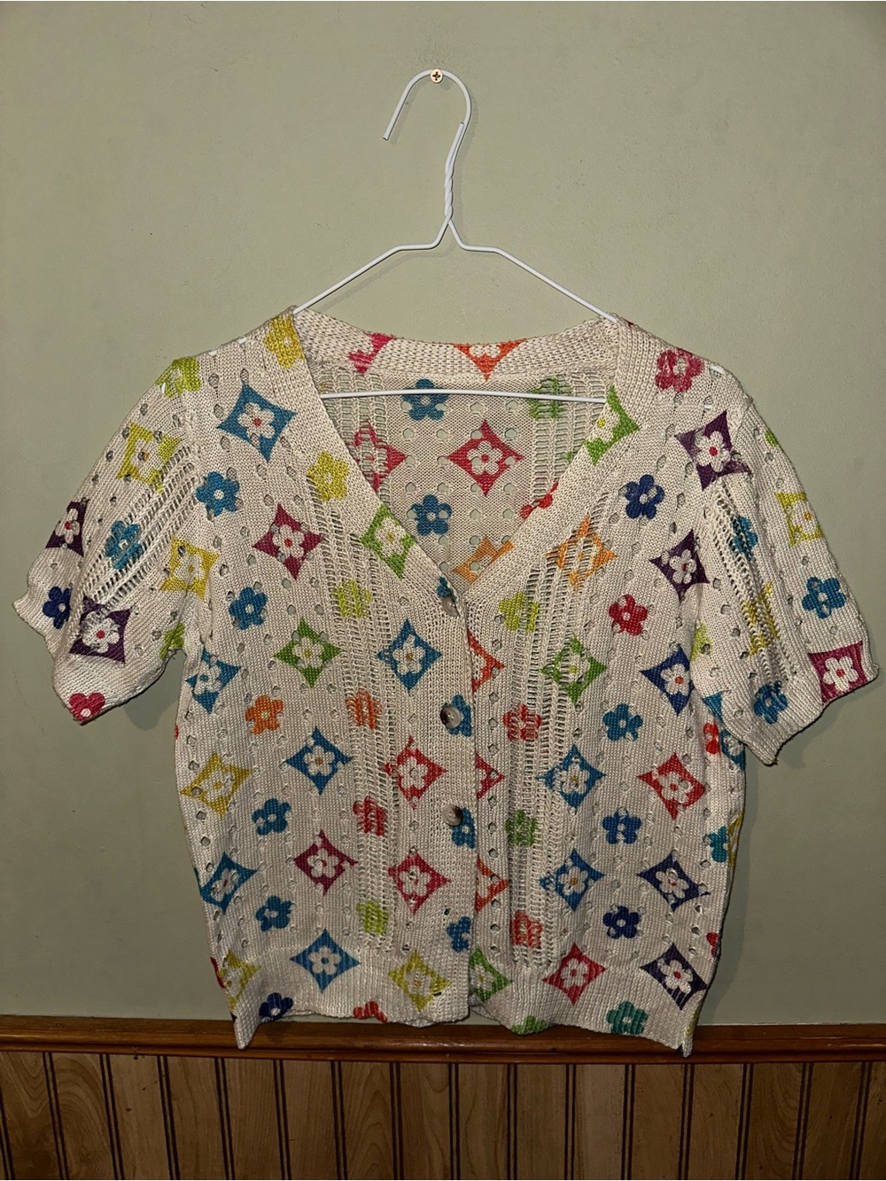 Source Unknown Multicolor Floral Diamond Knit Cardigan - Cream Base